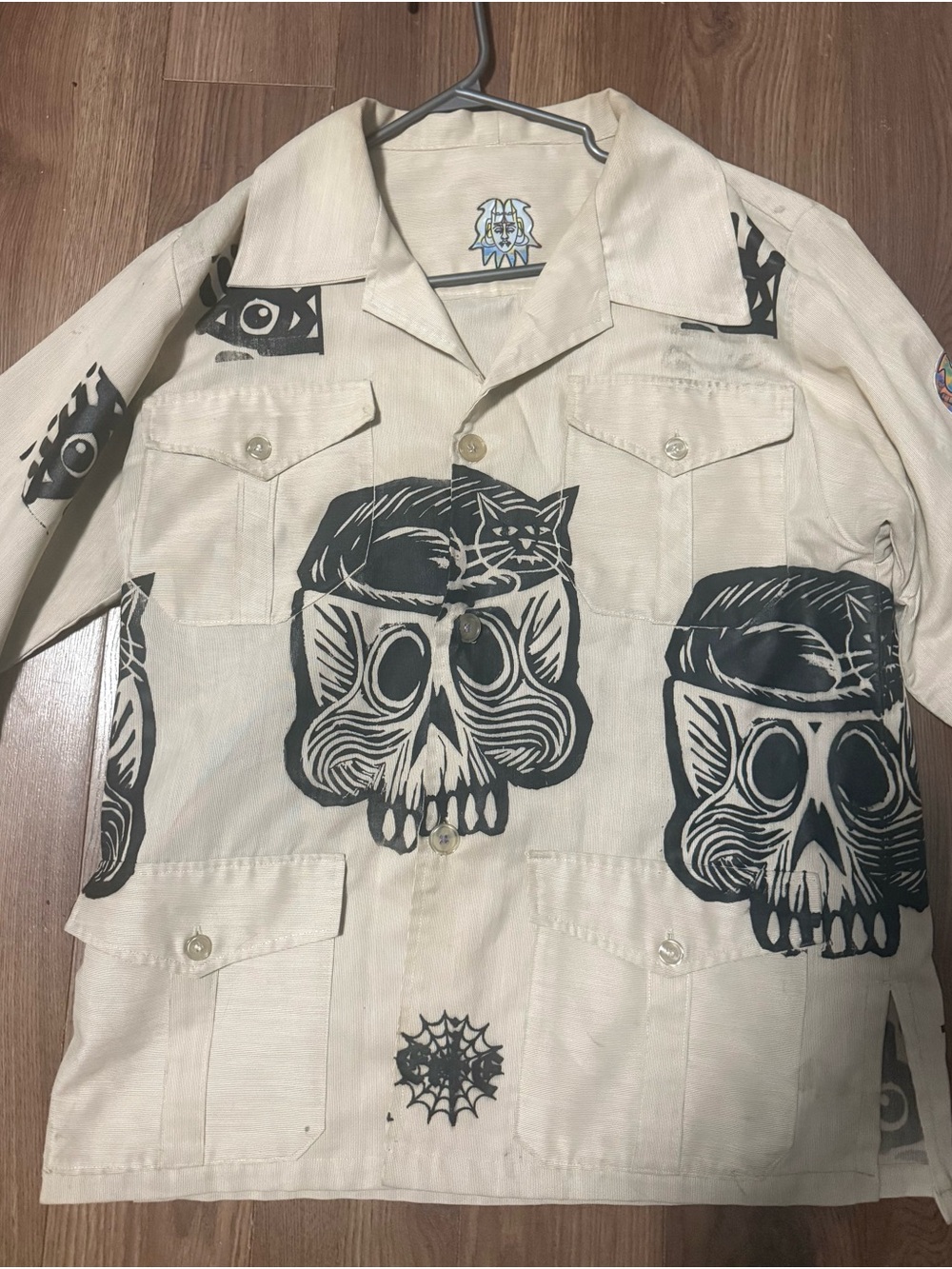 Hand painted Cream Graphic Skull Button-Up Jacket